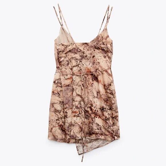 Zara Mini Dress S Satin Effect Wrap Slip Marble Print V-Neck Blogger Fav Neutral - Picture 7 of 9